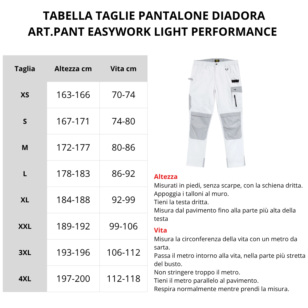 Tabella taglie PANTALONE DIADORA EASY WORK LIGHT