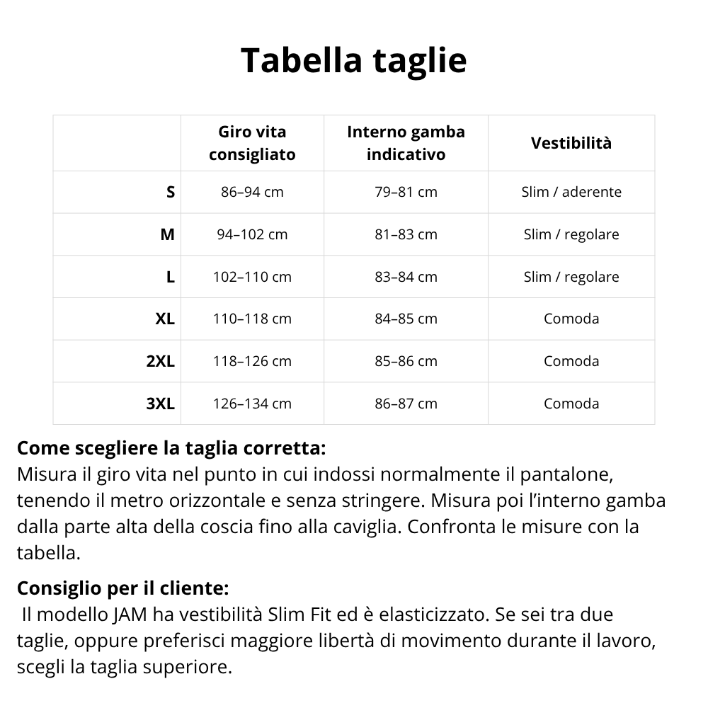 Tabella taglie PANTALONE U-POWER JAM
