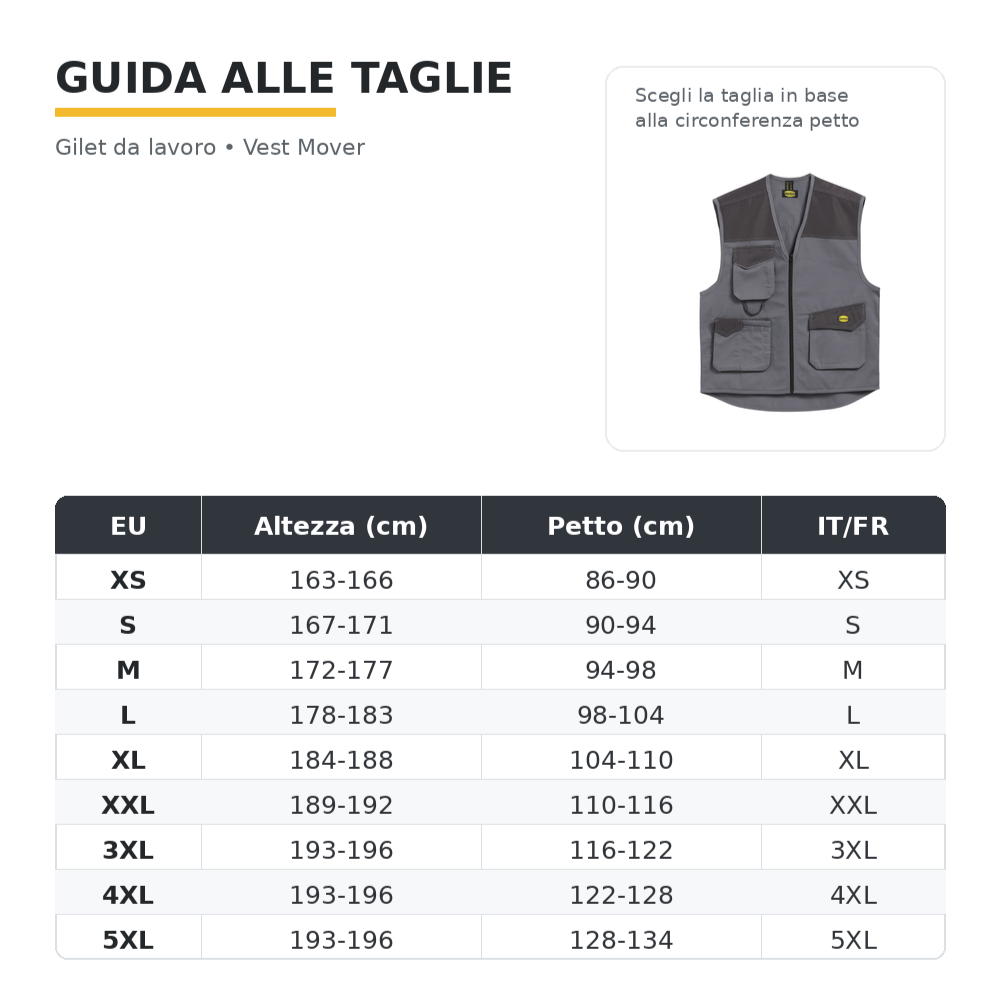 Tabella taglie GILET DIADORA VEST MOVER