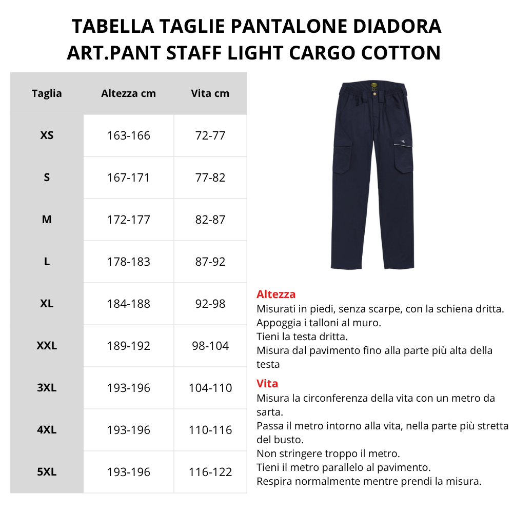Tabella taglie PANTALONE DIADORA STAFF LIGHT CARGO COTTON