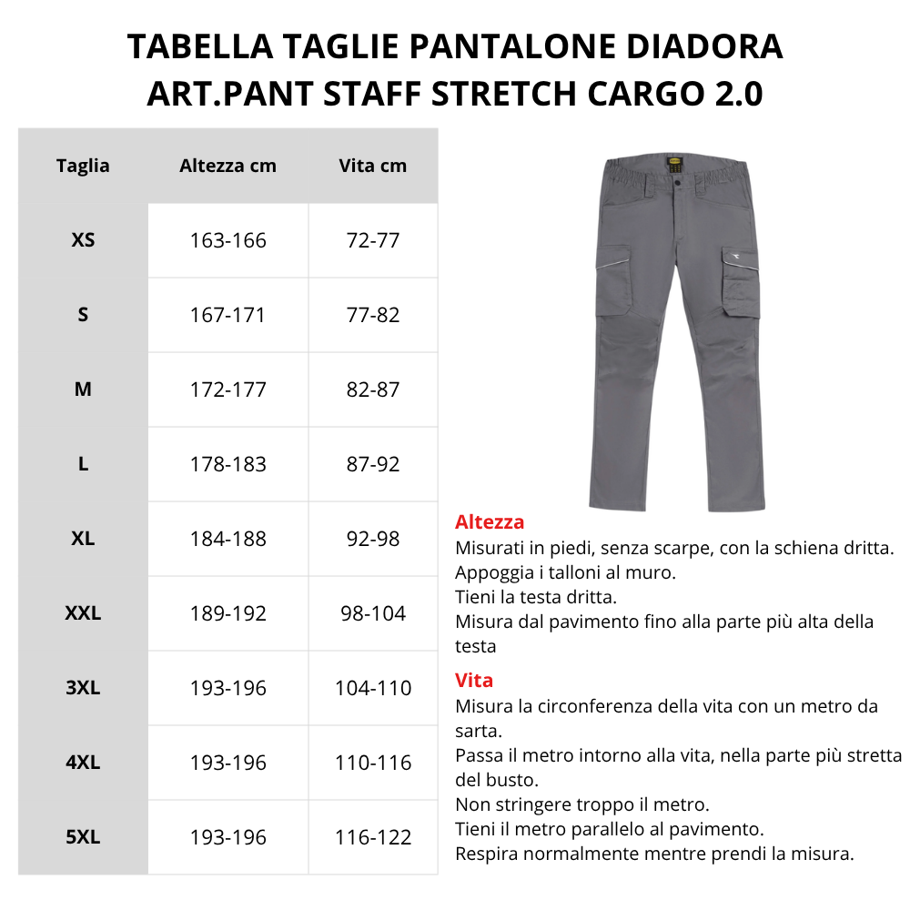 Tabella taglie PANTALONE DIADORA  STAFF STRETCH CARGO 2.0