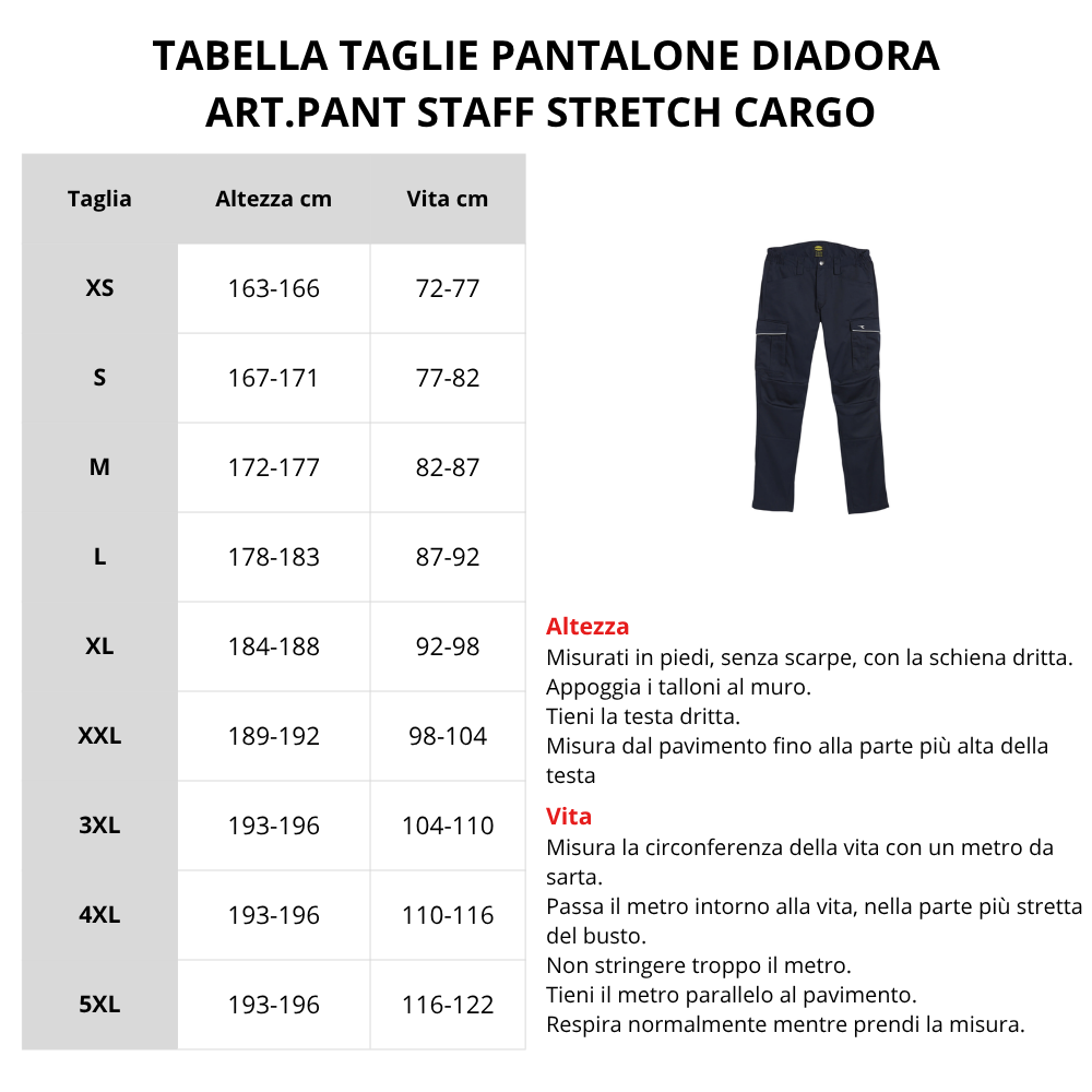 Tabella taglie PANTALONE DIADORA STAFF STRETCH CARGO