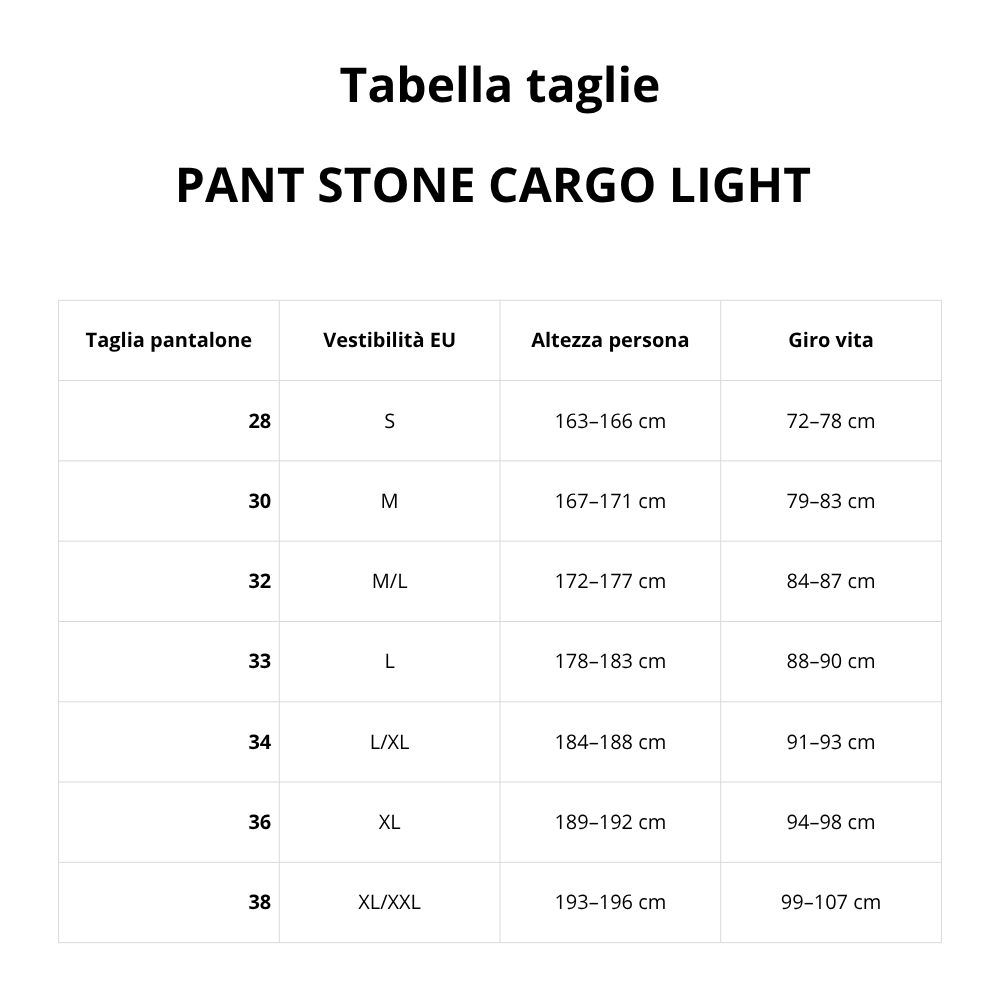 Tabella taglie PANTALONE DIADORA  STONE CARGO LIGHT