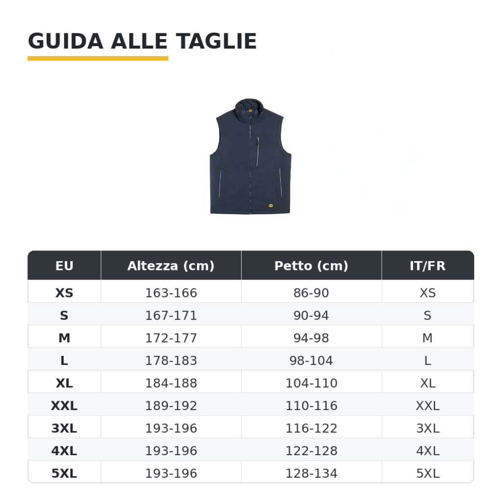 Tabella taglie GILET DIADORA VEST SWAT EVO