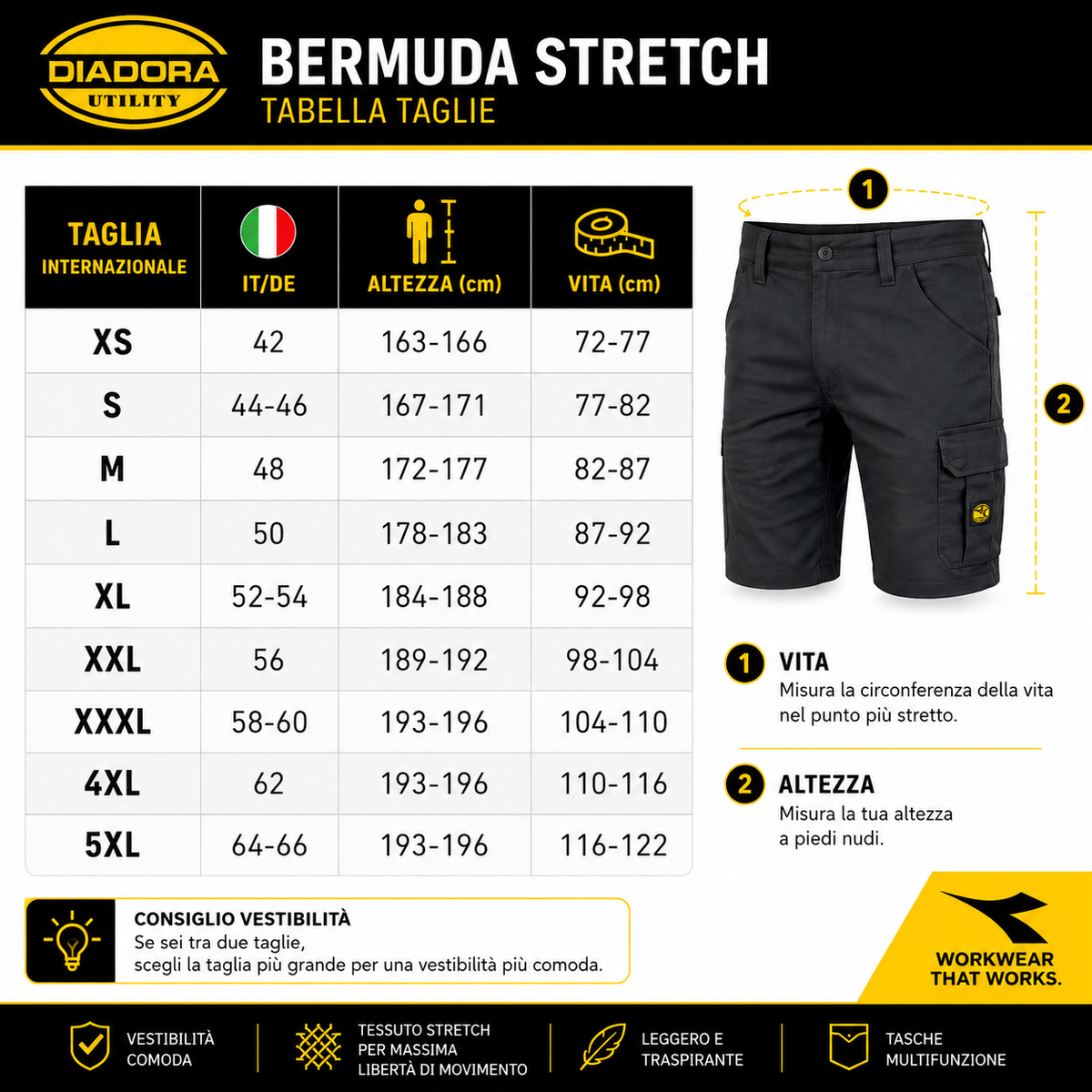Tabella taglie BERMUDA DIADORA ART. EASY WORK LIGHT