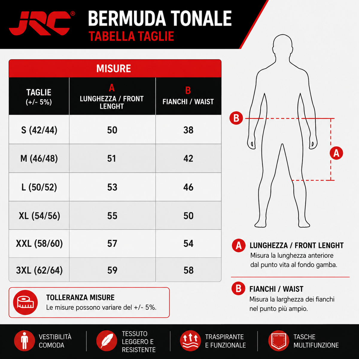 Tabella taglie BERMUDA JRC ART. TONALE