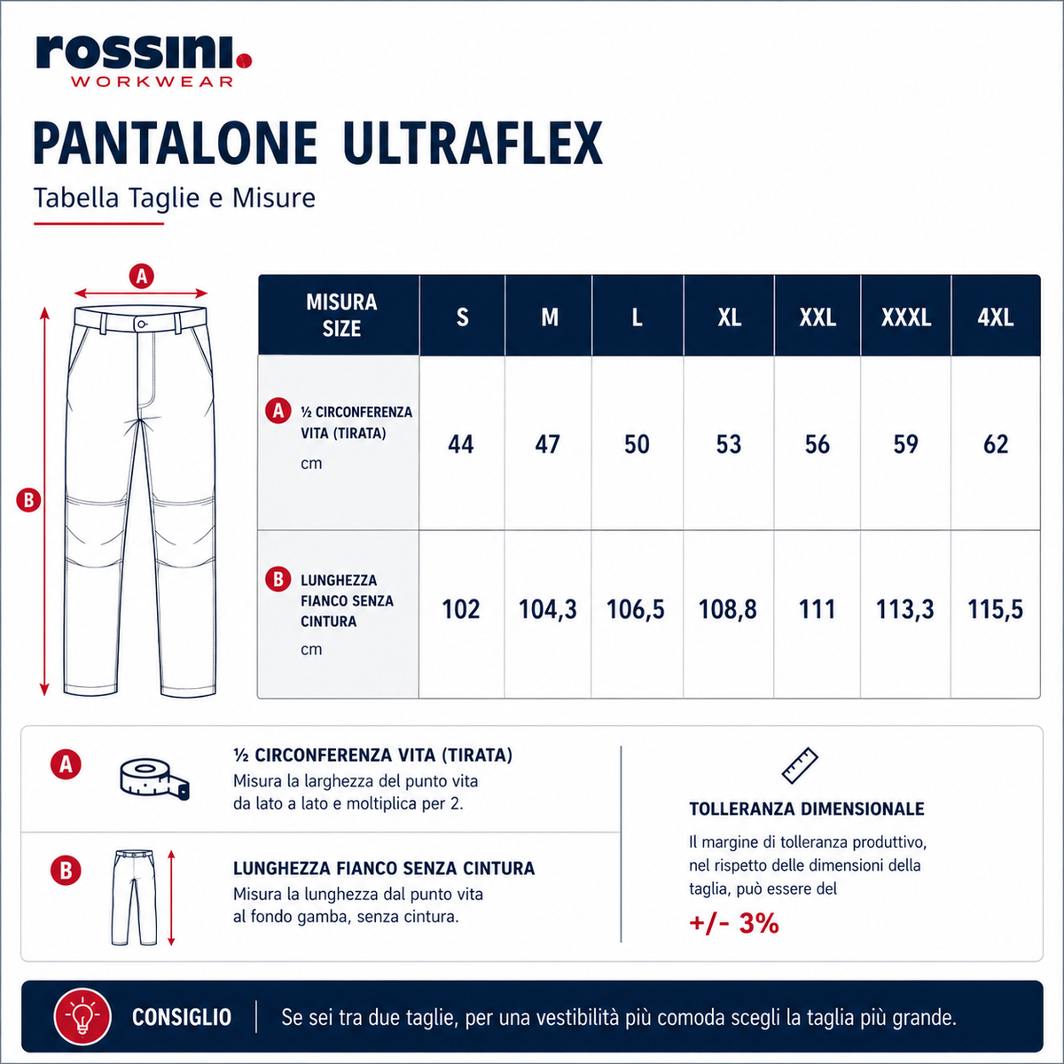 Tabella taglie PANTALONE ROSSINI ULTRAFLEX  Cod. A00228