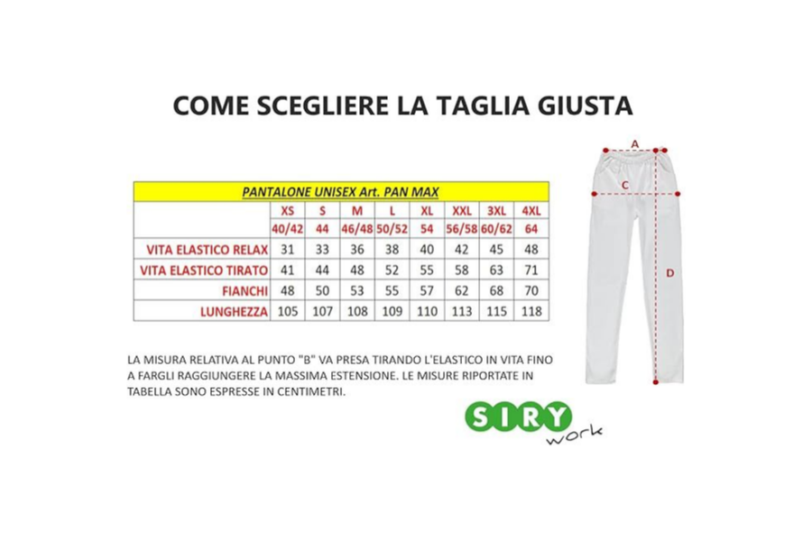 Tabella taglie PANTALONE SANITARIO 100% COTONE SANFORIZZATO INDANTHRENE