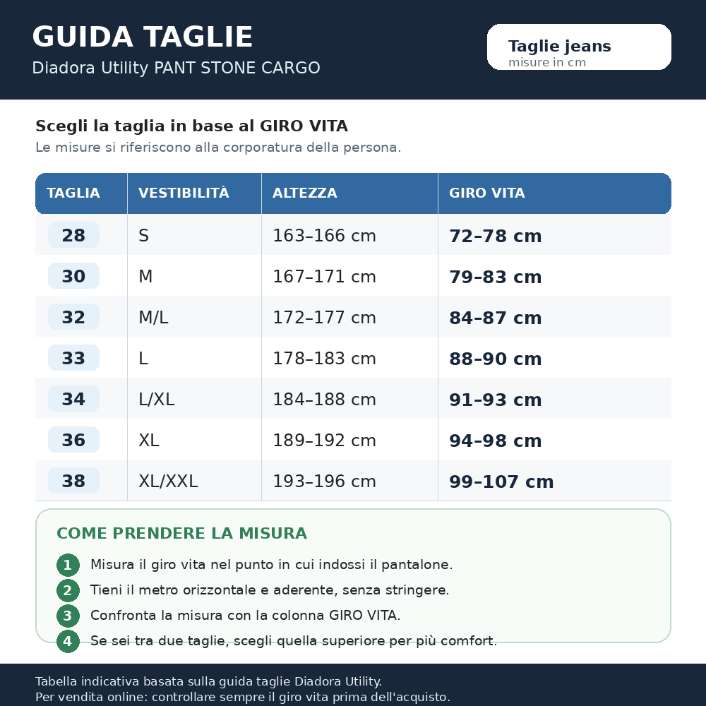 Tabella taglie PANTALONE DIADORA  STONE CARGO