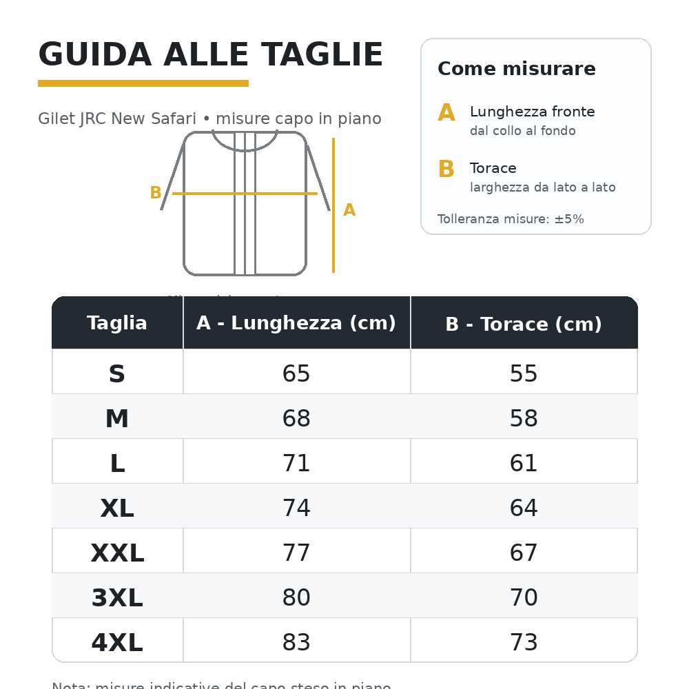 Tabella taglie GILET JRC NEW SAFARI